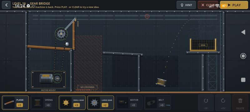 Level 16 Gear Bridge: a motor-driven gear lowers a bridge so a ball can reach the goal basket.