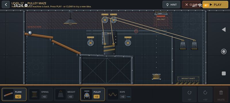 Level 17 Pulley Maze: ropes routed over pulleys from two weights to lift a gate.