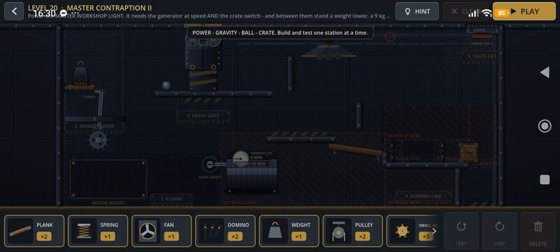 Level 20 Master Contraption II: a multi-stage puzzle with a generator, weight tower, heavy gate and domino line.