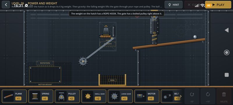 Level 26 Power and Weight: a gear-driven arm, a weight on a hatch and a ball rolling down a ramp.