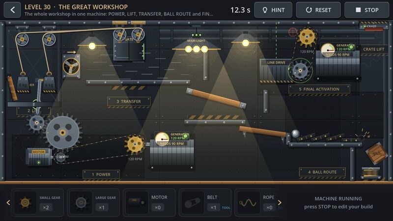 Level 30 The Great Workshop finale: the main light and hall lamps switched on above a running machine.