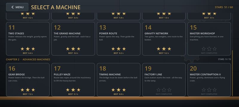 Level select screen showing levels 11 to 20 with star ratings and best times.