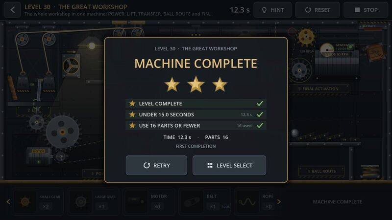 Machine Complete panel for Level 30 with three stars, a 12.3 second run and 16 parts.